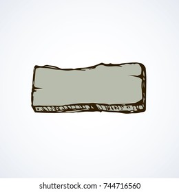 Aged rough wood signpost plate isolated on light grey backdrop. Freehand outline black ink hand drawn picture design in art retro contour scribble style pen on paper. View closeup with space for text