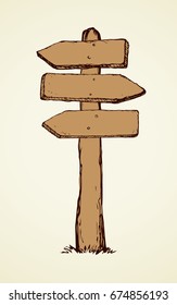 Aged rough wood stand isolated on white backdrop. Freehand outline brown ink hand drawn picture in art grunge retro scribble graphic style pen on paper. View closeup with space for text