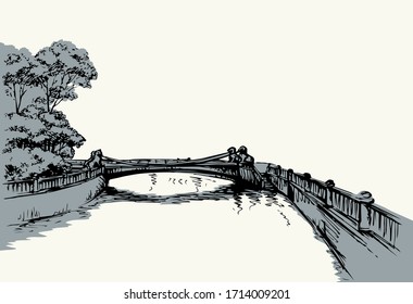 Aged russian arch bridgework path on pond coast scene. Outline black hand drawn creek channel square scenery picture. Retro art doodle cartoon line style. Panoramic scenic view text space on white sky