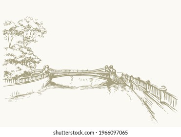 Aged russian arch bridgework path on pond coast scene. Outline black hand drawn creek channel square scenery picture. Retro art doodle cartoon line style. Panoramic scenic view text space on white sky