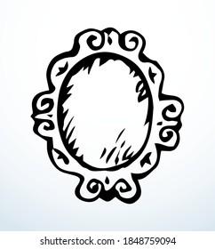 Aged rustic revival blank ellipse card. Outline black ink painting pen hand drawn empty emblem rococo deco artist doodle engrave comic pattern style. Closeup view white paper wall text space backdrop