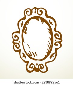 Aged rustic revival blank ellipse card. Outline black ink painting pen hand drawn empty emblem rococo deco artist doodle engrave comic pattern style. Closeup view white paper wall text space backdrop