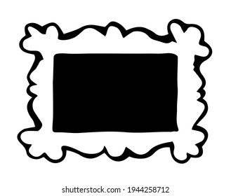 Aged rustic revival blank square card. Outline black ink paint pen hand drawn empty emblem rococo deco artist doodle engrave comic rectangular style. Closeup view white paper wall text space backdrop