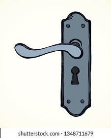 Aged rusty iron doorhandle padlock design set on white backdrop. Dark grey color hand drawn luxury come object logo pictogram in modern art doodle cartoon style on paper space for text. Closeup view