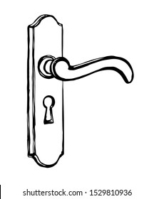 Aged rusty iron doorhandle padlock design set on white backdrop. Outline black ink hand drawn luxury come object logo pictogram in modern art doodle cartoon style on paper space for text. Closeup view