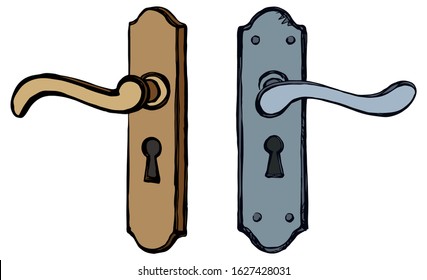 Aged rusty iron doorhandle padlock design set on white backdrop. Silver and gold color hand drawn luxury come object logo pictogram in modern art doodle cartoon style on space for text. Closeup view