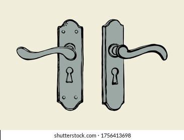 Aged rusty iron doorhandle padlock design set on white backdrop. Bright silver color hand drawn luxury come object logo pictogram in modern art doodle cartoon style on paper text space. Closeup view