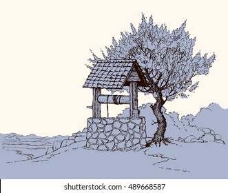 Aged rusty rock source basin with crank rope covered tiled canopy on village yard. Freehand outline ink hand drawn backdrop in art retro doodle graphic style pen on paper with space for text on sky