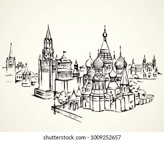 Aged scenic st Vasily Blessed street view at vintage spasskaya downtown place. Line black ink hand drawn picture symbol in art retro doodle graphic style pen on paper and space for text on white sky