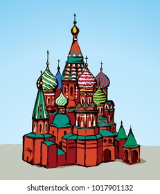 Aged scenic st. Vasily Blessed street view at vintage spasskaya downtown place. Bright multi color hand drawn picture symbol in art retro cartoon graphic style and space for text on white sky backdrop