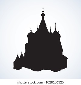 Aged scenic st. Vasily Blessed street view at vintage spasskaya downtown place. Dark black ink hand drawn logo pictogram symbol in art retro contour graphic style and space for text on white sky