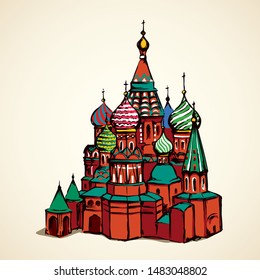 Aged scenic st. Vasily Blessed street view at vintage spasskaya downtown place. Bright multi color hand drawn picture symbol in art retro cartoon graphic style on space for text on white sky backdrop
