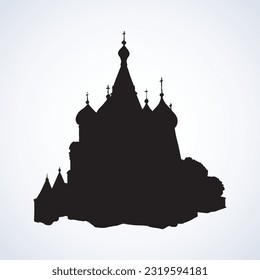 Aged scenic st. Vasily Blessed street view at vintage spasskaya downtown place. Dark black ink hand drawn picture logo pictogram symbol in art retro contour graphic style and text space on white sky