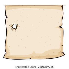 Aged scroll paper with torn edges and bullet hole. Template design in cartoon style on white background.