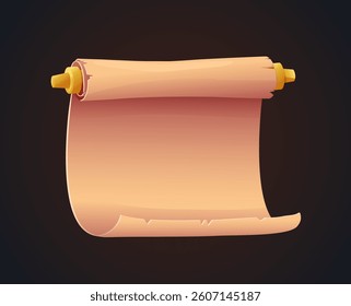 Aged scroll with wooden rollers shown unrolled, stylized in cartoon style with warm colors on a dark gradient background. Concept of ancient manuscripts. Vector illustration