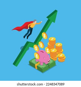 Aged senior man flying with his investment savings isometric 3d vector illustration concept for banner, website, illustration, landing page, flyer, etc.