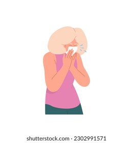 Aged sick woman cartoon character sneezing into handkerchief preventing viral infection spreading