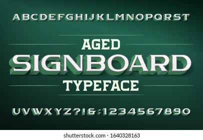 Aged Signboard alphabet font. 3D effect vintage letters and numbers with shadow. Vector typescript for your typography design.