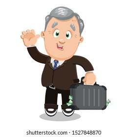 Hombre mayor de cabello plateado, CEO de pie con un estuche de adoquín de dinero y saludando. Empresario senior que obtiene crédito, préstamo, beneficio, pensión. Ilustración vectorial de caricatura aislada en blanco.