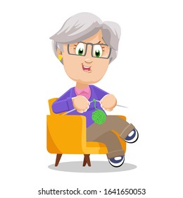 Aged silver haired woman in glasses, violet sweater and brown trousers sitting in armchair and knitting needles. Old cute smiling lady doing needlework. Vector cartoon isolated on white background.