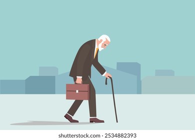 aged society concept. old elderly man walking home from work alone. pension , poverty, debt, loan. depression theme background	
