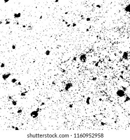 Aged splatter crumb wall backdrop. Distressed spray grainy overlay texture. Grunge dust messy background. Dirty powder rough empty cover template. Weathered drips aging design element. EPS10 vector.
