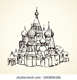 Aged st  Vasily Blessed minster view at vintage spasskaya downtown place  Line black ink hand drawn picture symbol in art retro doodle graphic style pen paper and space for text white sky