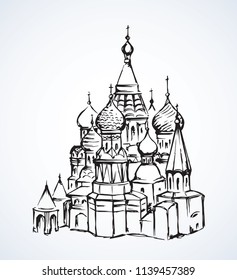 Aged st. Vasily Blessed minster view at vintage spasskaya downtown place. Line black ink hand drawn picture symbol in art retro doodle graphic style pen on paper with space for text on white sky