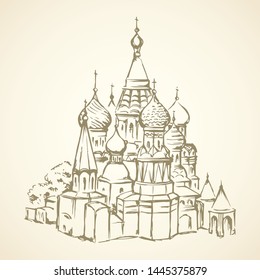 Aged st. Vasily Blessed minster view at vintage spasskaya downtown place. Line black ink hand drawn picture symbol in art retro doodle graphic style pen on paper with space for text on white sky