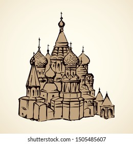 Aged st. Vasily Blessed minster scenic view at vintage spasskaya downtown place. Line black ink hand drawn picture logo icon sign symbol in art retro doodle graphic style paper text space on white sky