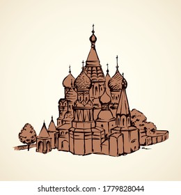 Aged st. Vasily Blessed minster view at vintage spasskaya downtown place. Line black ink hand drawn picture symbol in art retro doodle graphic style pen on paper with space for text on white sky
