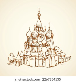Aged st. Vasily Blessed minster view at vintage spasskaya downtown place. Line black ink hand drawn picture symbol in art retro doodle graphic style pen on paper with space for text on white sky