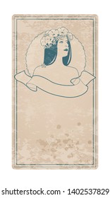 Aged and stained retro label with pretty girl adorned with flowers and empty text banner. Vintage style