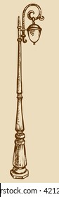 Aged stationary wrought iron public pillar for gas bulb flashlights isolated on white background with space for text on sky. Freehand ink drawn picture sketchy in art doodle style pen on paper