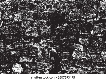 Aged stone texture. Grainy messy overlay of, aging, scratched and weathrered paved wall. Grunge rough dirty background. Vector Illustration. Black isolated on white background. EPS10.