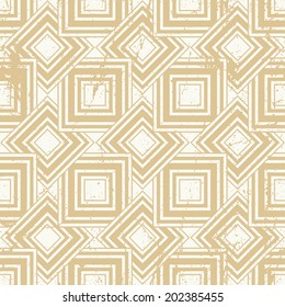 Aged textured geometric seamless pattern, vintage vector repeat background with grunge texture.