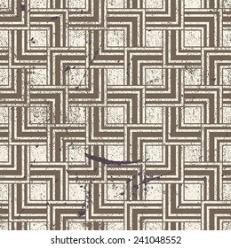 Aged textured geometric seamless pattern, vintage vector repeat background with grunge texture.