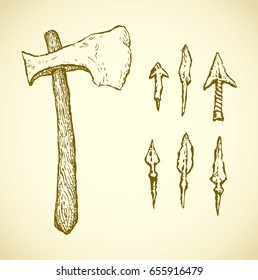 Aged tribal sharp arrow shafts and archaic ax isolated on white backdrop. Freehand outline black ink hand drawn picture sketchy in art doodle retro style pen on paper. Closeup side view