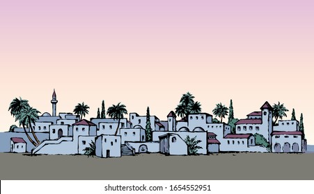 Aged twilight middle east antique turkey orient palm tree oasis scene view with vintage tower dwelling. Bright color hand drawn picture sketch in retro cartoon graphic style text place on evening sky