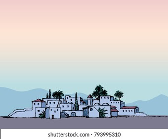 Aged twilight middle east antique turkey orient palm tree oasis scene view with vintage tower dwelling. Hand drawn picture sketch in retro cartoon graphic style with place for text on pink evening sky