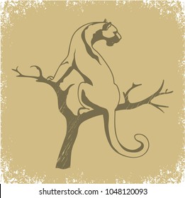 Aged Vector Illustration Of A Cougar Sitting On A Tree