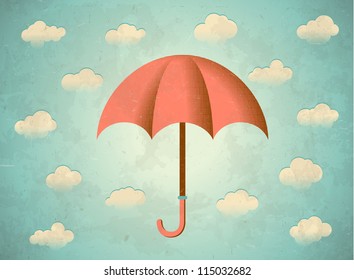 Aged vintage card with clouds and umbrella