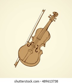 Aged violin isolated on white background. Freehand outline ink hand drawn picture sketchy in retro engraving style pen on paper. Closeup view with space for text