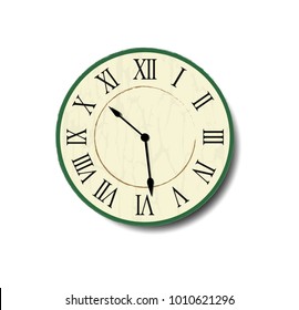 Aged Wall Clock With Green And Cream Face And Roman Numerals