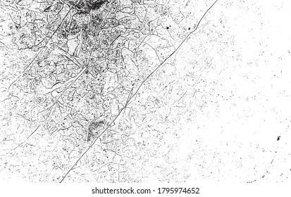 Textura de pared de edad. Grave y desordenada superposición de una pared vacía, envejecida y raspada. Agarra un fondo sucio y áspero. Ilustración vectorial. Negro aislado sobre fondo blanco. EPS10.