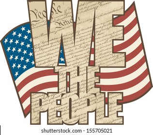 Aged WE The People type design filled with the U.S. Constitution with wavy American flag.