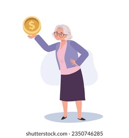Aged Wealth Management, Retirement Finance concept. Happy Senior Lady Smiling while Holding big coin.