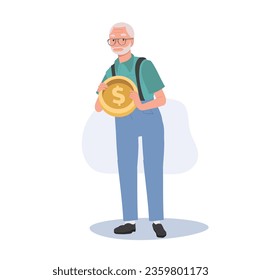 Aged Wealth Management, Retirement Finance concept. Happy Senior man Smiling while Holding big coin.