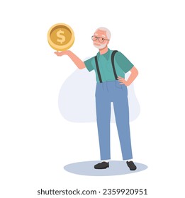 Aged Wealth Management, Retirement Finance concept. Happy Senior man Smiling while Holding big coin.