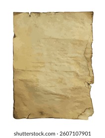 Aged and weathered parchment paper with torn edges shown in a vintage graphic style on a white background. Concept of antique manuscript or ancient scroll. Vector illustration